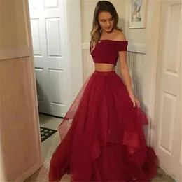 2020 urocze ciemnoczerwone dwuczęściowe sukienki na studniówkę łódką szyję z krótkim rękawem tiul tiuls seksowne długie suknie wieczorowe tanie sukienki dla kobiet 255r