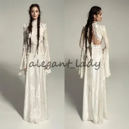 Meital Zano Great Victoria Medieval Wedding Down with Bell Sleeves Vintage Crochet Lace High Neck Gothic Queen Wedding Dresses230n