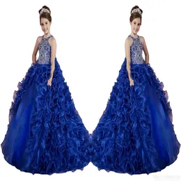 Vestidos de desfile de meninas azul real luxuosos com contas de cristal babados Vestidos de baile de princesa para festa infantil para casamento Florista 257s