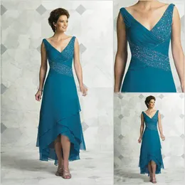 Elegant Mother Of The Bride Dresses V Neck Pleated Beading Chiffon Tea Length High Low Turquoise Women Party Dress Prom Dresses231k