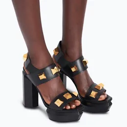 Button Decoration Calfskin Ankle Strap Platform Sandal Fashion Metal Square Buttons 12cm Chunky High Heeled Sandals Summer Luxury Designers Shoe Women's Shoes