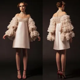 2019 Krikor Jabotian Short Prom Dresses Off The Shoulder Knee Length Long Sleeve Cocktail Party Gowns Tiered Lace Beads Evening Dr305U