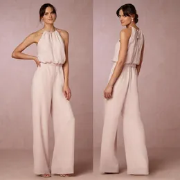 2019 Modern Blush Pink Chiffon Pant Suit Bridesmaid klänningar Lång billig haltergolv Längd Maid of Honor Dresses Custom Made China3418