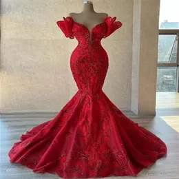 2022プラスサイズアラビア語aso ebi Red Luxurious Mermaid Prom Dresses Lace Beaded Inguny Party Second Recestion Birthday Engage210V