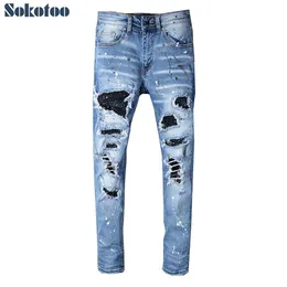 Sokotoo Men's rhinestone crystal patchwork light blue ripped jeans Slim fit skinny stretch denim pants287K