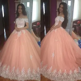 Peach Sweet 16 Quinceanera Sukienki seksowne na ramię krótkie rękawy suknie balowe sukienka z aplikatem gorset puszysty 2020 vestidos 184U