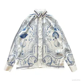 Casa Designer Moda Abbigliamento Camicie Tute Casablanca 23ss Blue Marble Swan Coppia Camicia hawaiana a maniche lunghe in seta