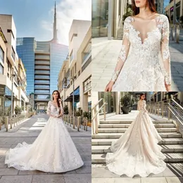 2019 Eddy K A Line Wedding Dresses Lace Appliqued Sweep Train Long Sleeves Beach Boho Wedding Dress Jewel Plus Size Bridal Gowns R214S
