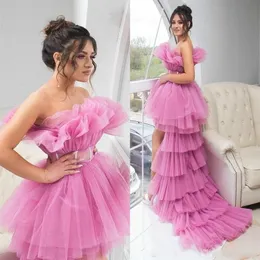 Sex Pink High Low Puffy Prom -klänningar med SASH RUCHED STRIPLess Tiered Tulle Tutu kjolar Cocktail Party Dress 2020 Billiga kväll G230m