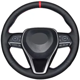 DIY Sew Steering Wheel Cover لتويوتا كامري 2018-21 COROLLA 2020-21 RAV4 AVALON 2019-21 الملحقات الداخلية للجلد الأسود 2614