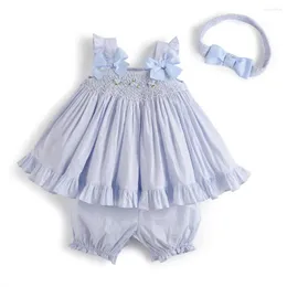 衣類セット3PCSベビーガールスペインの服セット子供の手作り刺繍スモックドレスパンツ幼児用ドレス子供ブティックスーツ