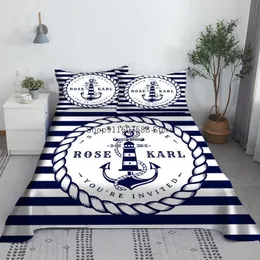 Set di biancheria da letto Ancora per barche Set di lenzuola a righe bianche e blu Set di lenzuola stampate in 3D Navy Flat con federa Lino King Queen Size 230721