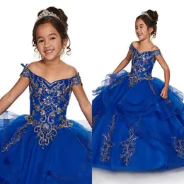 2022 Royal Blue with Gold Embroidery Girls Pageant Dresses Crystal Off the Shoulder Beading Tulle Ruched Flower Girls Dress226j