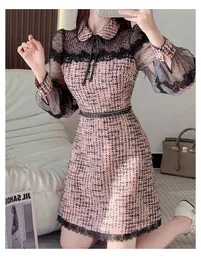 Vestidos casuais básicos 2023 outono inverno luxo pequena fragrância renda malha bordado lantejoulas costura miçangas laço tweed xadrez lã linha a minivestido