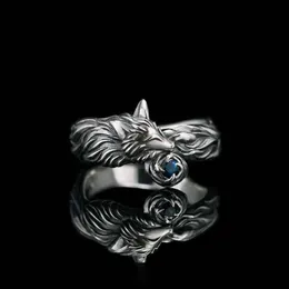 Vintage Silver Plated Fox Ring Blue CZ Stone Rings for Men Women Punk Gothic Party Jewelry Gift Whole259B