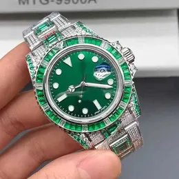 Relógio de diamante verde de 40 mm de luxo de alta qualidade com relógio à prova d'água de aço automático Full Diamond 2813