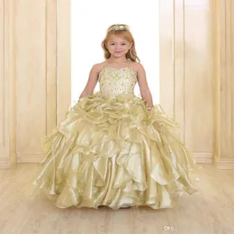 2020 Sparkling Girls Pageant Dresses Gold Princess Spaghetti Strap Crystal Beads Ruffles Organza Ball Gown Flower Girls Dresses Wi242C