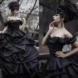 Tradition Black Gothic Wedding Dresses Victorian Punk Ball Gown Wedding Dresses Off The Shoulder Tie Up Satin Princess Bride GOWNS207W