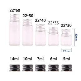 50pcs 5ml 6ml 7ml 10ml 14ml bottiglia di vetro trasparente con tappo in alluminio 1 3oz piccole fiale di vetro per uso di olio essenziale271M