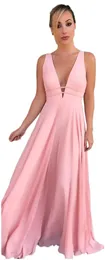 Charming Pink Long Prom Dresses Sexy Sleeveless Deep V-Neck Backless Prom Gowns Spaghetti Strap A-Line Evening Party Dress