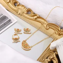 Necklace Earrings Set MANDI Factory Price Scalloped Gold Plated Jewelry For Women Pearl Natural Stone Inlaid Earring Ring Sets