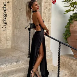 Basic Casual Dresses Cryptographic Elegant Sexy Backless Party Halter Slit Maxi Dress Summer Outfit Sleeveless Irregular Satin 230721