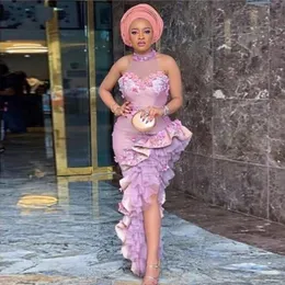 2021 Nieregularna wieczorna sukienka Aso Ebi Ebi z kantarką Sheer Scyk Ruffled High Slit Plus Size Dress African Women Formal PA292O