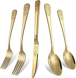 Servis uppsättningar 20st Gold Silverware Set rostfritt stål plattvaror 5 bestick inkluderar knivar gafflar skedar för kök hemrestaurang