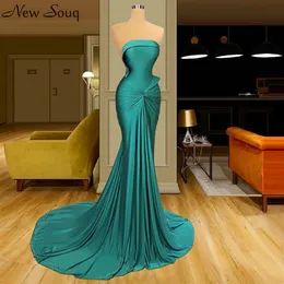 Hunter Green Strapless Ruched Evening Dresses 2020 Mermaid Court Train Longue Robes Vestidos De Soiree Formal Prom Party Dress2423