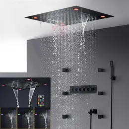 bathroom electric led shower set matt black concealed ceiling large rainfall shower head waterfall body jets 2 inch massage shower3256