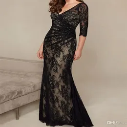 Abito formale a sirena nera Elegante moda scollo a V mezza manica con perline in pizzo Appliques Abiti lunghi per la madre della sposa352B