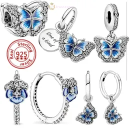 925 Sterling Silver Dangle Charm Sky Blue Pave Butterfly Flowers Delicate Beads Bead for Pandora Charms Sterling Silver Beads
