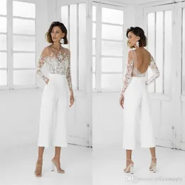 Abiti da sposa tuta da donna bianca vintage con maniche lunghe Lunghezza tè Abito da sposa da sposa da giardino su misura308d