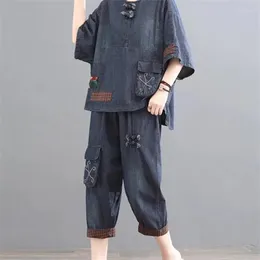 Women's Two Piece Pants Summer Set 2023 Korean Embroidery Plate Buckle Loose And Slim Covering Retro Fashion Denim Girl
