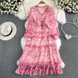 Basic Casual Dresses Pink Elegant Mid-Length Sweet Floral Printing Chiffon Dress V-neck Long Sleeve Spring Summer Ladies Pink Evening Party Dress Vestidos 2023