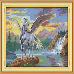 Flying Horse Animal Landscapes Decor Paintings Handgjorda Cross Stitch Craft Tools Brodery Nålarbetet räknade tryck på CANV267H
