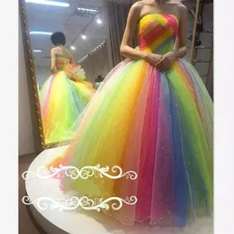 Rainbow Organza Crystal Prom Dresses Axless Backless Flower Ball Gown Aftonklänningar Golvlängd plus storlek Formell klänning303K