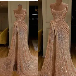 2020 Glitter Mermaid Evening Dreases 샴페인 스팽글 사이드 스플릿 레이스 형식 파티 가운 맞춤형 긴 무도회 드레스 215f