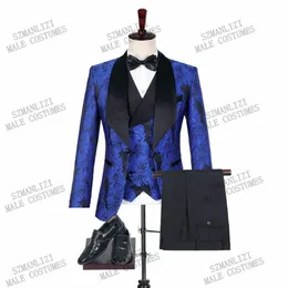 Senaste kappbyxa design 2020 Mens 3 -stycken Set Wedding Suits Royal Blue Floral Pattern Prom Groom Tuxedo Singers Costume Suit274C