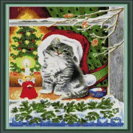 Mix 2 in 1 Gattino natalizio Fatto a mano Punto croce Strumenti artigianali Ricamo Set cucito contato stampa su tela DMC 14CT 11CT277p
