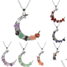 Pendant Necklaces Crushed Natural Chip Stone Moon Necklace Irregar Healing Gravel Amethyst Crystal Quartz Beads Drop Delivery Jewelr Dhfho