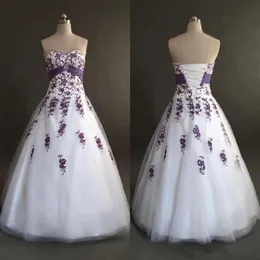 흰색과 보라색 아플리케 웨딩 드레스 실제 이미지 A- 라인 연인 얇은 명주 그럴리 가운 vestios de 결혼 2022 판매 283o