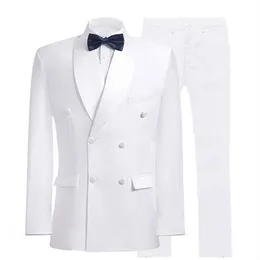 Yeni Varış Çifte Breated Beyaz Damat Smokin Şal Yüzü Erkek Takaslar 2 Parça Düğün Prom Yemeği Blazer Ceket Pantolon W912258m