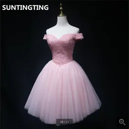 2020 immagine reale rosa corto vestito da promenade in rilievo perle al largo della spalla sexy scollo a V abiti da ballo petite lunghezza del ginocchio cocktail party dr278n