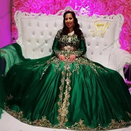 Elegante grüne muslimische formelle Abendkleider Langarm Goldapplikationen Perlenkristalle Arabisch Dubai Promi-Partykleider Moroccan268e