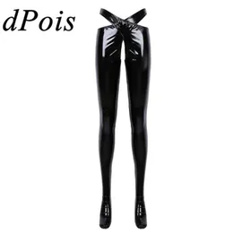 Womens Wetlook Patent Leather Crotchless Sexy Lingerie Open Crotch Trousers Erotic Pants With Waistband Night Roleplay Nightwear W214o