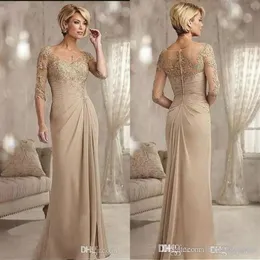 Champagne Mother of the Bride Dresses Long 2019 Scoop Neck Chiffon Wedding Guest Mors klänningar Halva ärmar Formella kväll304s