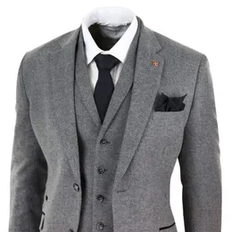 Mens Dark Grey Herringbone Tweed 3 Piece Suits Peaky Blinders Wool Suit Wool Tweed Suit Jacket Vest Pants Custom Made Wedding Tuxe287V