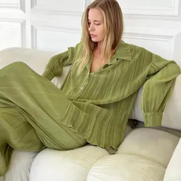 Kvinnors tvådelar Pants 2023 Summer Fashion Pleated Pajamast Set Single Breasted Wide Leg Trouser Suits Loose Woman Two-Pieces Loungewear