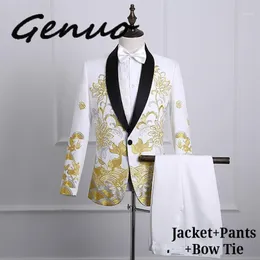 Męskie garnitury Blazers złota haftowa sukienka garnitur Men Slim Fit Shawl Lapel Mens White With Pants Stage Prom Wedding Hauns Sin331s